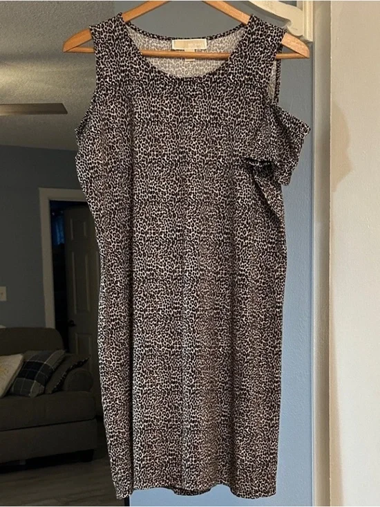 Michael Kors Cold Shoulder Animal Print Shift Dress Black & Taupe Size L