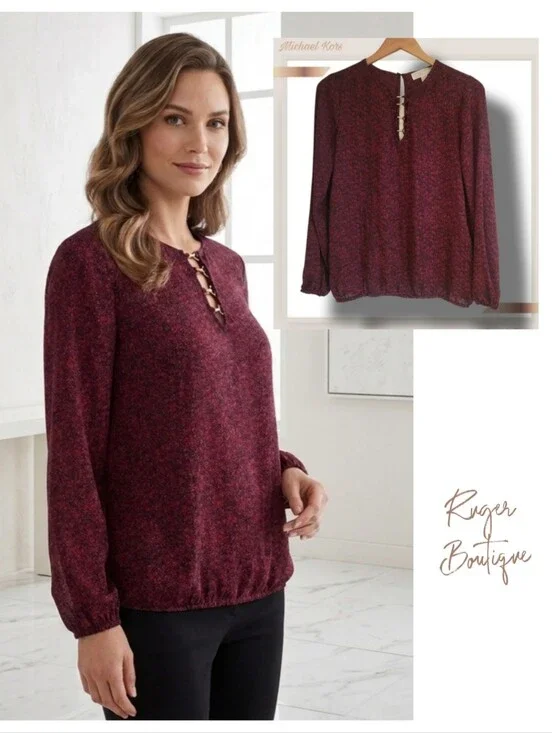 🌿-Michael Kors Small Burgundy Snakeskin Blouse Gold Hardware Keyhole Bodice