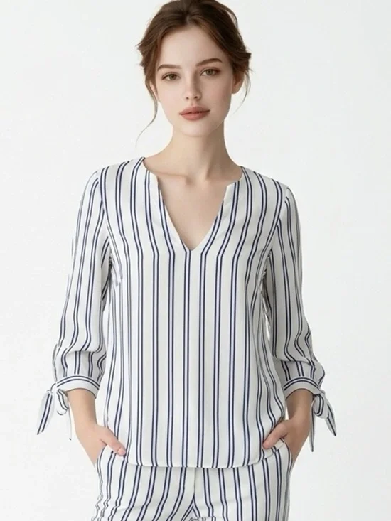 Michael Kors Nautical Beach VacationStriped Blouse with Tie Sleeves Medium 198