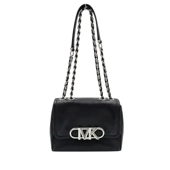 Michael Kors Parker Convertible Chain Shoulder Bag Black Leather Silver