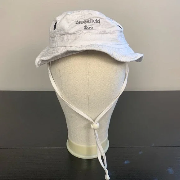 Vintage Brookfield Zoo‎ White Bucket Hat Safari Sun Boonie Cap with Chin Strap
