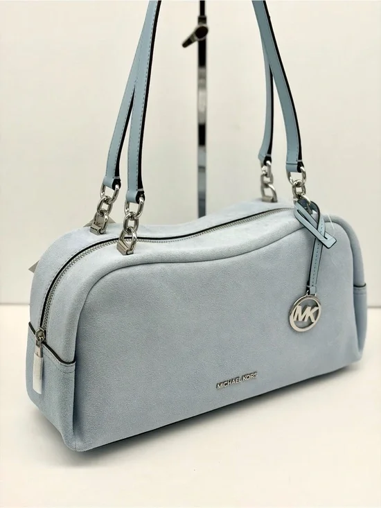 Michael Kors Light Blue Suede Shoulder Bag with Silver Hardware