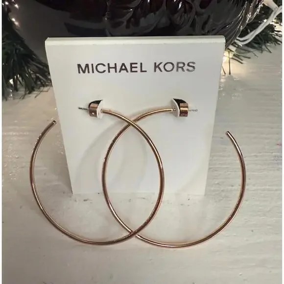 Michael Kors Rose Gold Large Hoop Earrings • MK Logo Stud Backs • NWT