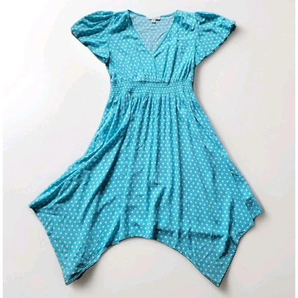 Michael Kors‎ Sky Blue Polka Dot Smocked Waist Midi Dress Large Romantic Pin Up