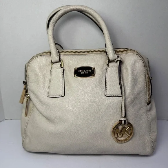Michael Kors Double Zip Top Handle Satchel Handbag Cream Pebbled Leather & Strap