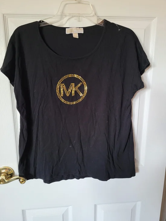 Michael Kors Black Short-Sleeve Tee with Gold MK Embellishment