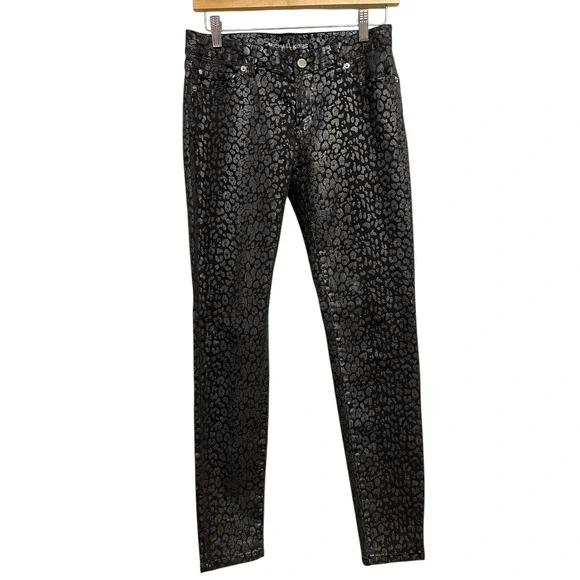 Michael Kors Jeans Womens 2‎ Black Skinny Metallic Leopard Animal Print Stretch