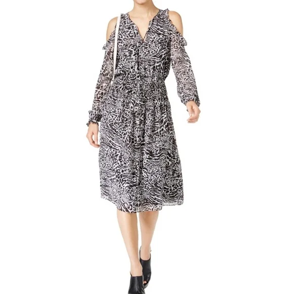 Michael Kors Black Zebra Print Cold-shoulder Smocked Fit &‎ Flare Dress Sz S NWT
