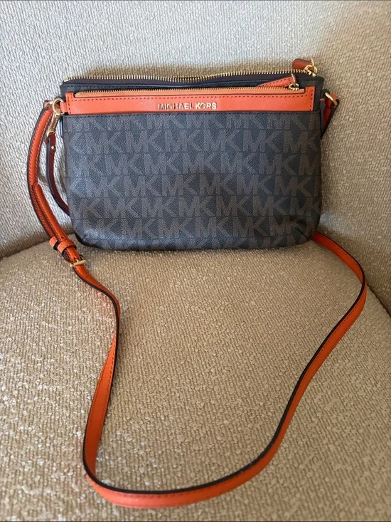 Michael Kors Brown MK Logo Crossbody with Orange Trim
