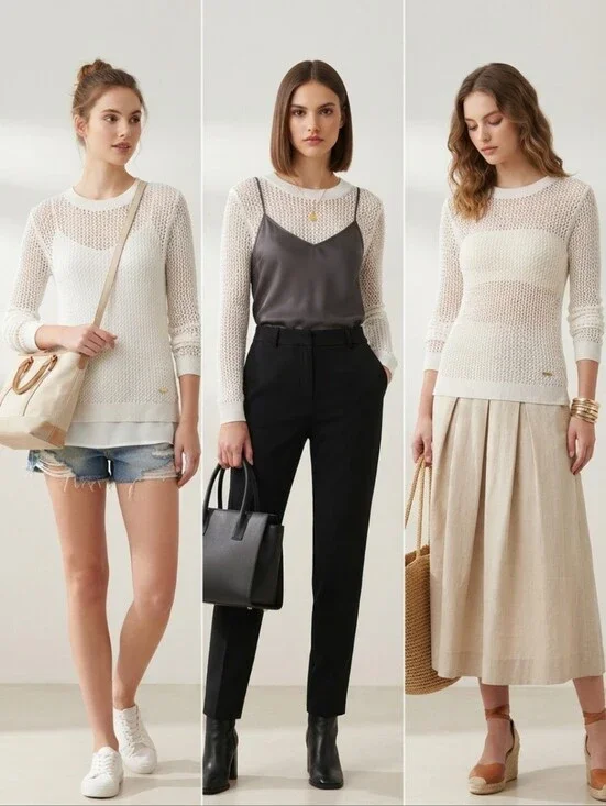 Michael Michael Kors White Open-Knit Crewneck Sweater Size XS