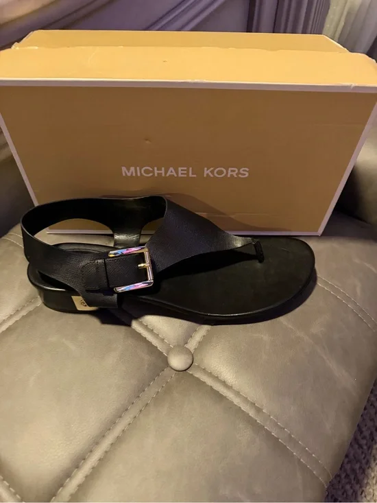 Michael Kors Black Leather Slingback Thong Sandal with Buckle