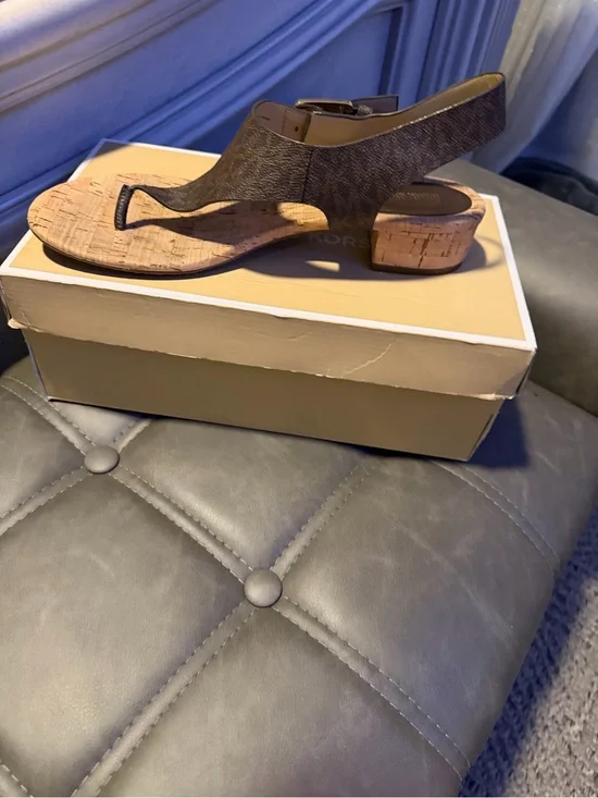Michael Kors Brown Cork Slingback Toe-Loop Sandal