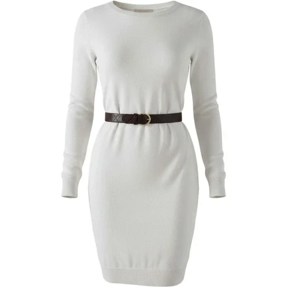 Michael Kors Womens White Long Sleeve Belted Knit Sweater Dress Small