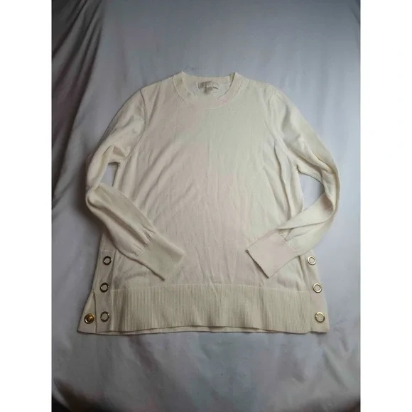 Michael Kors Sweater Womens Large Cream Knit Pullover Gold Button Side Tunic