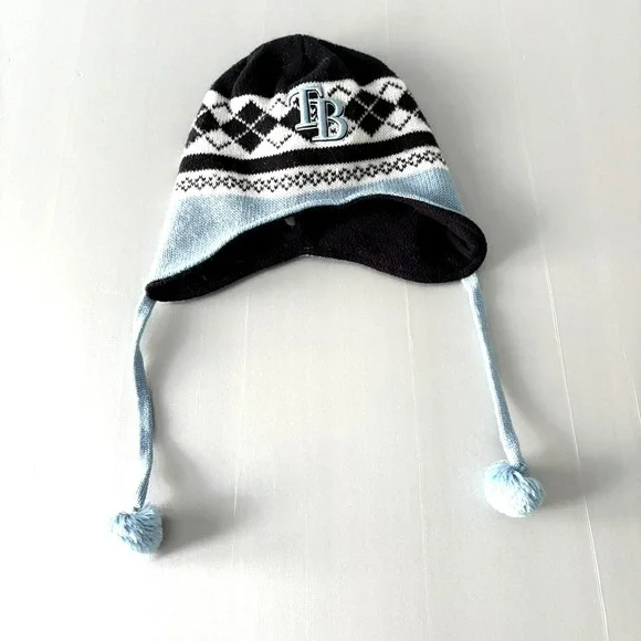 FAN FAVORITE KIDS Aviator Flap Ear Knit Hat Cap MLB Tampa‎ Bay Rays Pom Pom