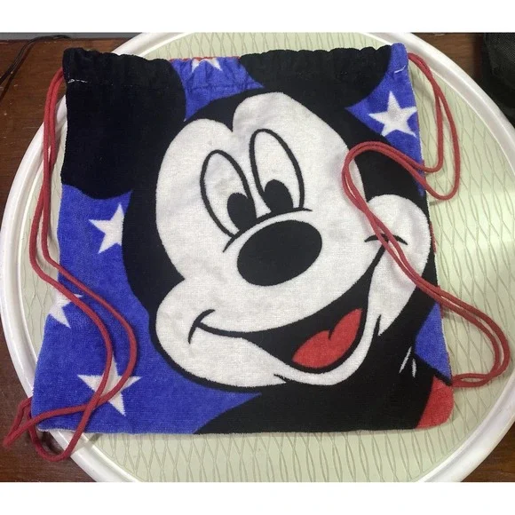 Disney Mickey Mouse Kohl's Terry Cloth Kids Tote Beach Bag Drawstring USA‎ Flag