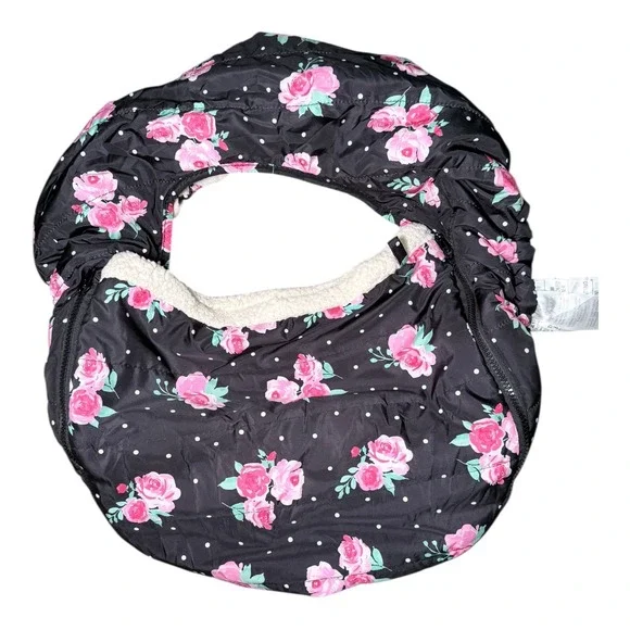 The Peanutshell Baby Car Seat Cover‎ Floral Polka Dot Black Pink Sherpa Lined