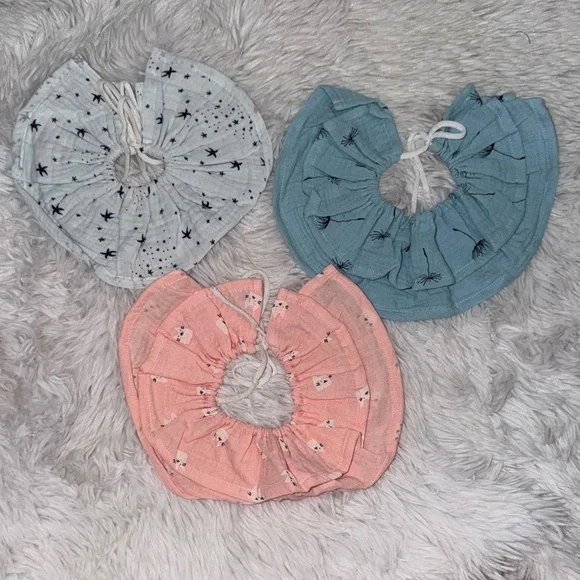 Baby Star and Bear Cat‎ Print Muslin Bibs Set - Blue, Pink, Gray NWOT