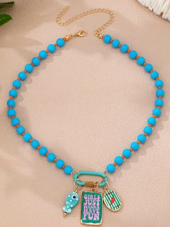 “Girls Just Wanna Have Fun” Blue Bead Charm Necklace