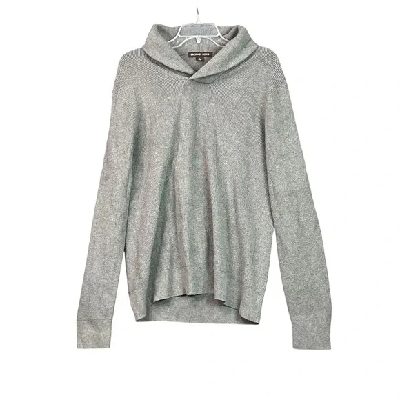 Michael Kors Shawl Collar Sweater Womens Large Grey Ribbed Knit Pullover Cotton