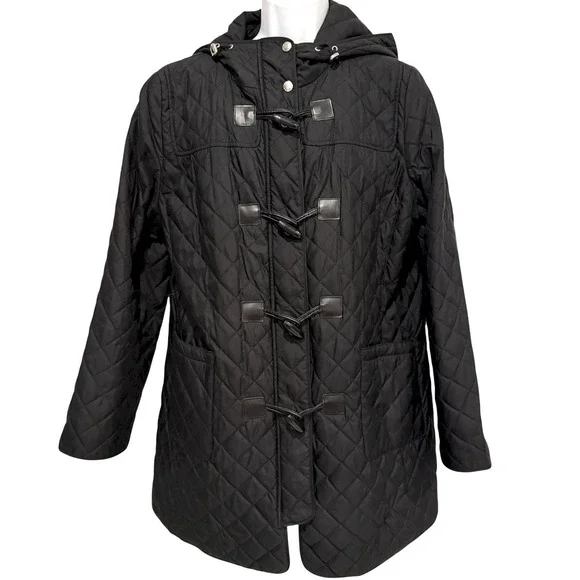 Michael Kors Women Coat XL Quilted Black Hooded‎ Mid Length Toggle Zip Snap