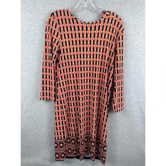 MICHAEL KORS Dress M Coral Black Shift Back‎ Exposed Zipper Long Sleeve Career