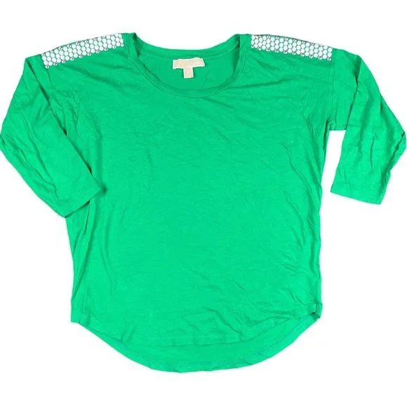 Michael Kors Green Shirt Beaded White Silver Long Sleeve Top Women's Size Medium