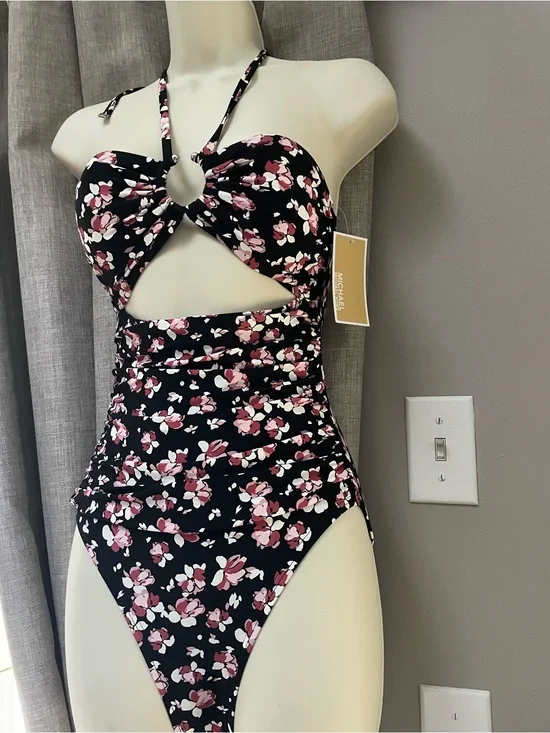 Michael Kors Black Floral Cutout One-Piece Swimsuit with Pink Accents