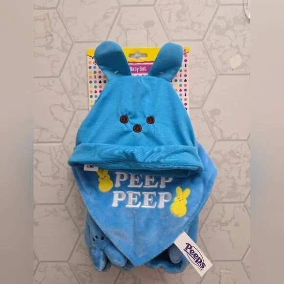 New Blue Peeps Baby girl Set Includes Hat, Bib, Booties Easter Bunny PEEP PEEP
