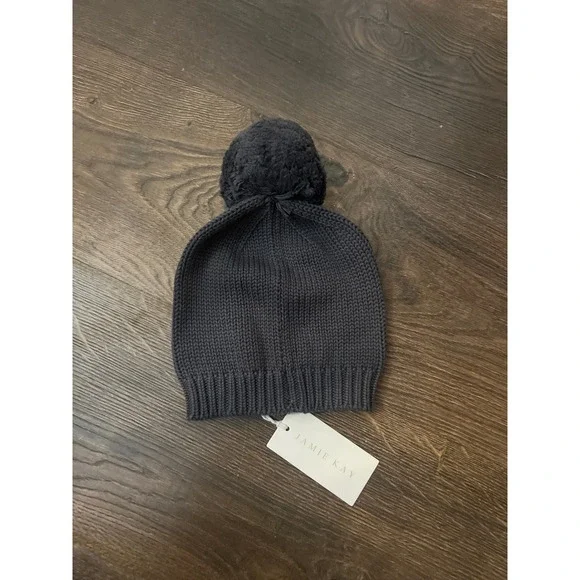 Jamie Kay Kids Cotton Knit Pom Pom Beanie Hat Charcoal‎ Grey 0-2YR NWT