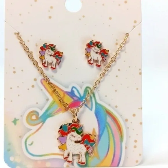 Unicorn Rainbow Jewelry Set Necklace‎ Earrings Kids Girls Horse Gold Sparkle