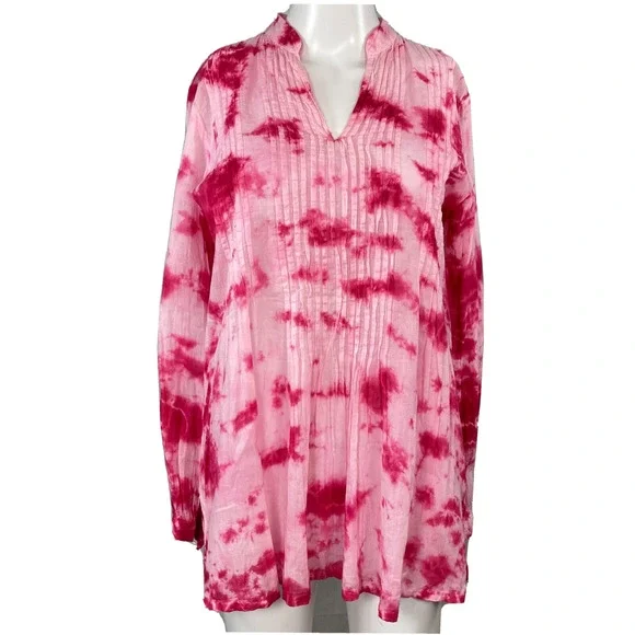 Michael‎ Kors Shirt Women Sz XS Pink Tie Dye Pleated V-Neck Tunic Top Cotton