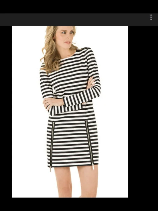 Michael Kors Black and White Striped Long-Sleeve Mini Dress