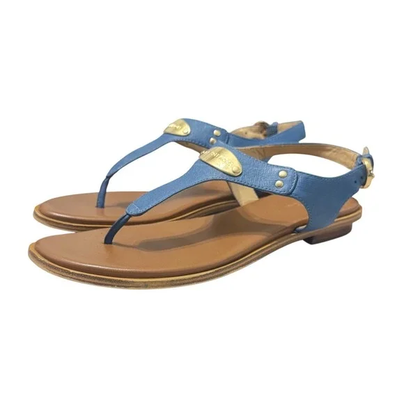 Michael Kors Plate Thong Sandals Women 6M‎ Blue Saffiano Leather Flat Logo