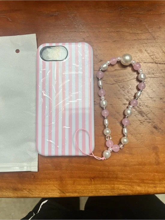 Pink Striped Phone Case with Beaded Wrist Strap - Women Accessories