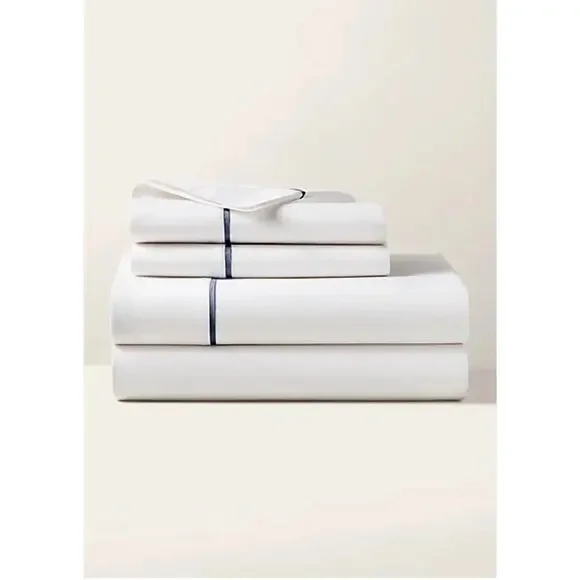 Ralph Lauren Palmer Percale‎ Queen Flat Sheet White Polo Navy NEW