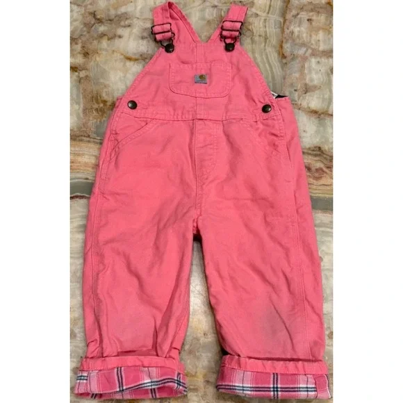 Carhartt Kids Flannel Canvas Bib Overalls Pink Lemonade Lining‎ Plaid Size 2T