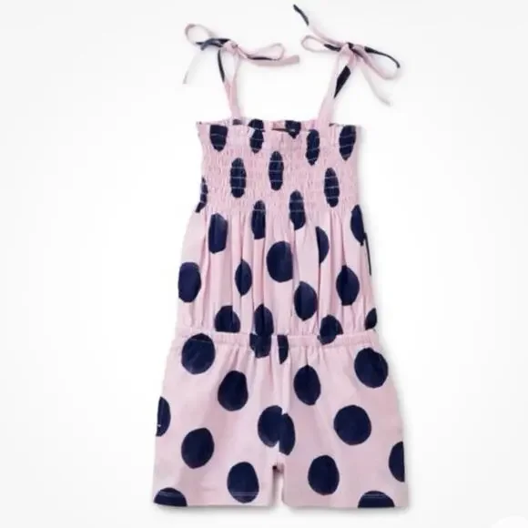 Tea Collection Girls Tie Shoulder Smocked Romper Pink Purple Cotton Polka Dot 12