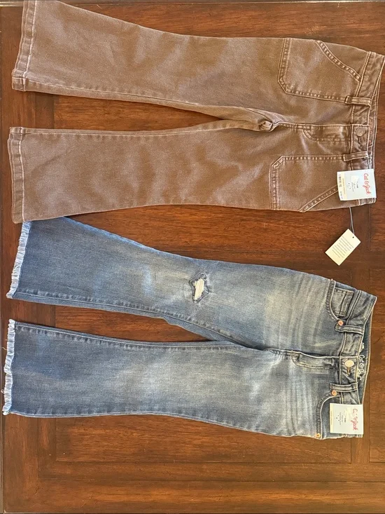 Two Pairs Girls' Flare Jeans - Brown & Light Blue Distressed Denim- Size 6