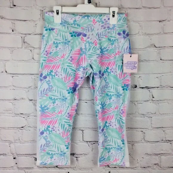 More Than Magic Girls Sz S(6/6x) Capri Leggings Floral w/Mesh Insert Gymnastics