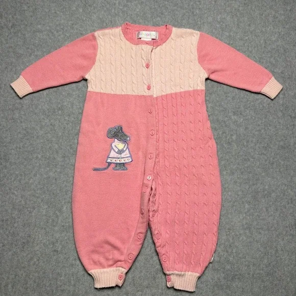Vintage Gymboree Pink Cable Knit Jumpsuit‎ Mouse Embroidered Romper 12-18M