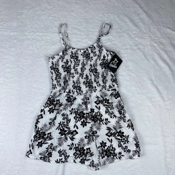 Art Class Tank Romper Girls Medium White Floral Smocked‎ Woven Spaghetti Strap