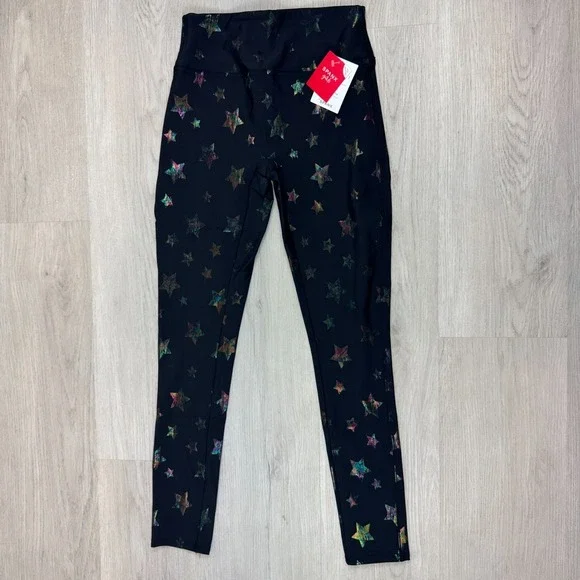 Spanx Girls Faux Leather Leggings‎ Size Large Black Rainbow Star Print