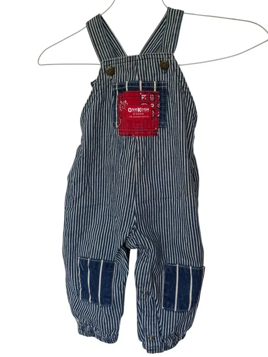 Vintage Oshkosh Train Conductor Striped Denim Overalls 18 Months Bandanna