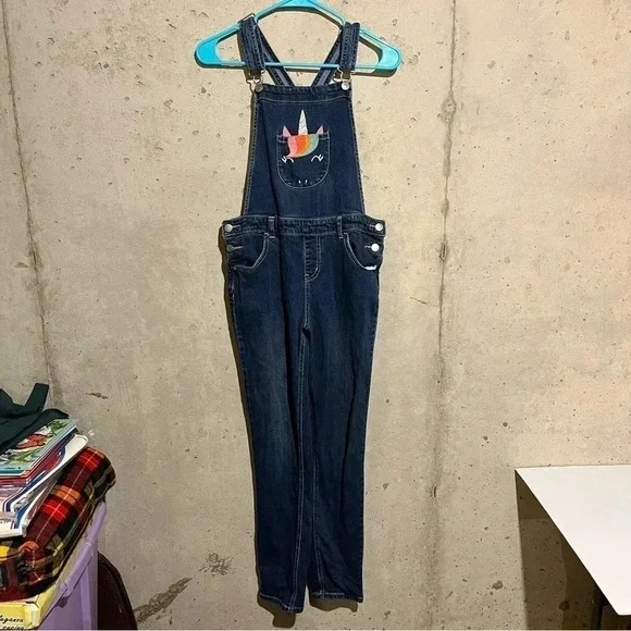 Girls' Unicorn Overalls Jeans - Cat & Jack Skinny Leg Stretch Size XL 14/16