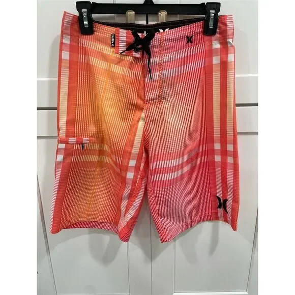 Hurley Boys' Plaid‎ Board Shorts Size 16 Orange/White/Black Drawstring Waist