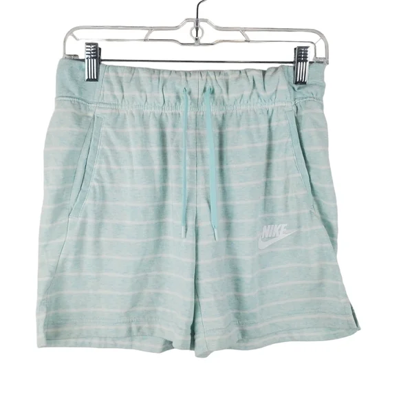 NIKE Shorts Girls XL Blue White Striped Jersey knit Elastic pull‎ on Drawstring