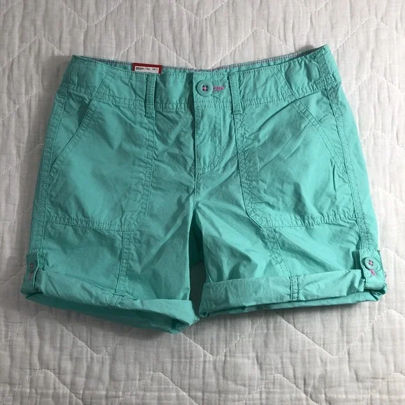 SO Shorts Girls 12 Aqua Blue Utility‎ Bermuda Cuffed Adjustable Waist Mid Rise