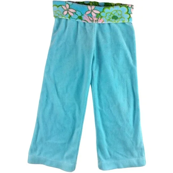 Lilly Pultizer Girls Sz 4 Aqua Blue Terry Cloth Pant Bottoms Pink Green Floral