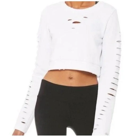 Alo Yoga White Ripped Warrior Distressed Cropped Sweatshirt Womens Size Small